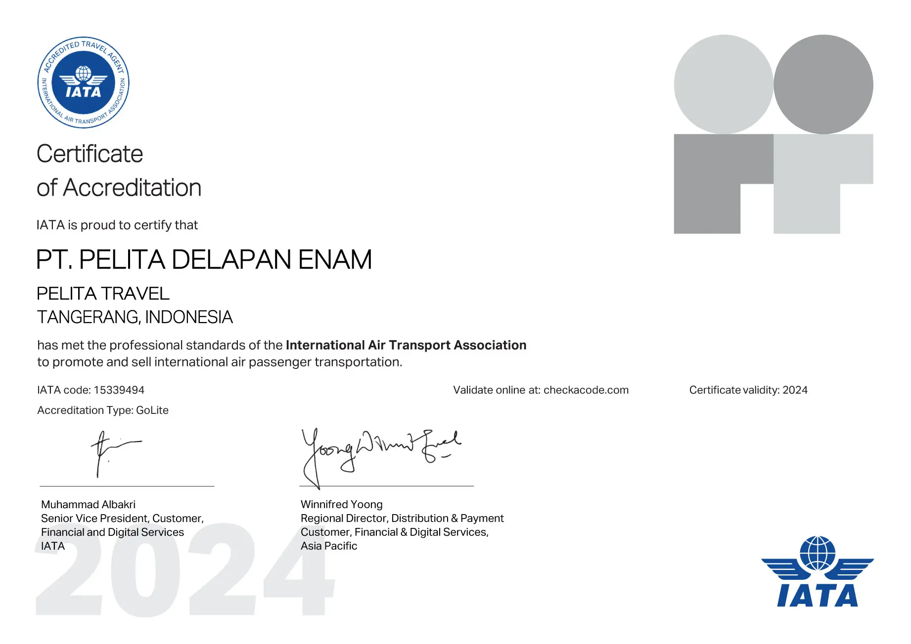 Sertifikat Akreditasi IATA Pelita Travel